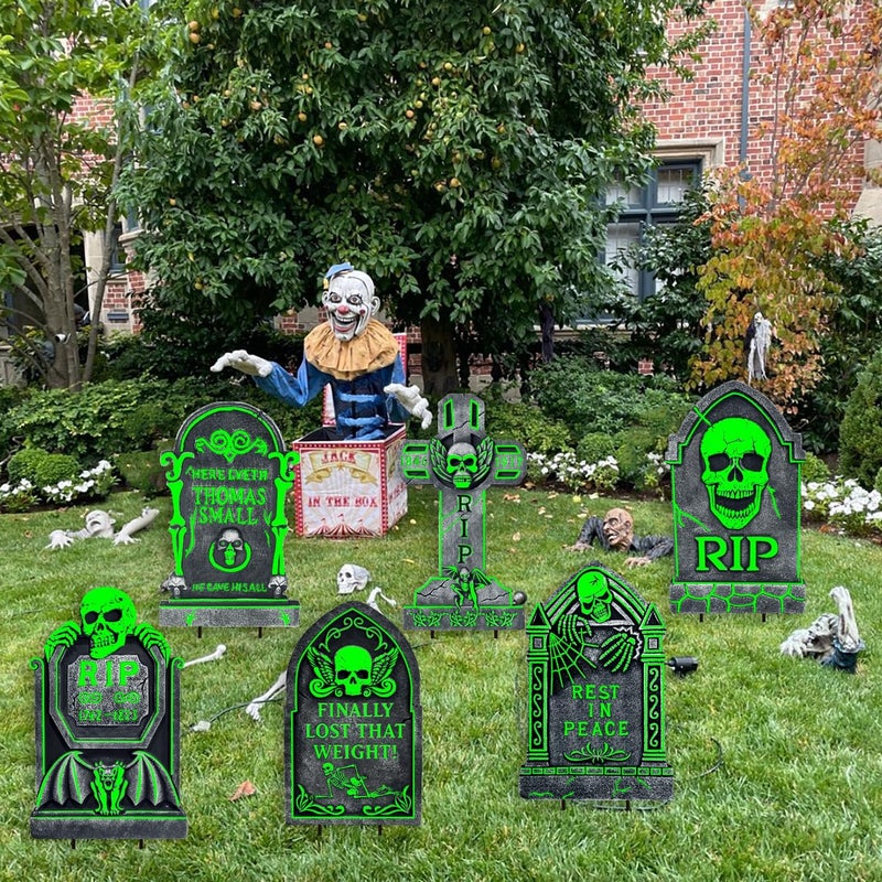 CiniQy Glowing Halloween Tombstones Yard Signs, 6 Pcs 17”×10” Yard Decorations for Outdoor Graveyard, Waterproof Scary Light Up Gravestones for Home, Party, Cemetery Halloween Decor - Image 2